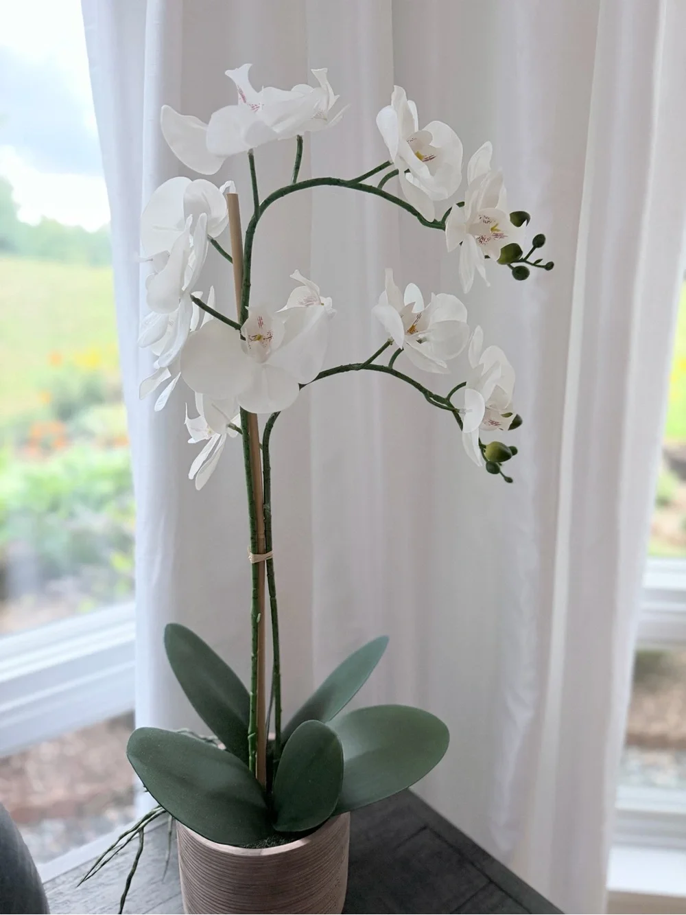 Pair of White Orchid Real Touch 29” in cement pots